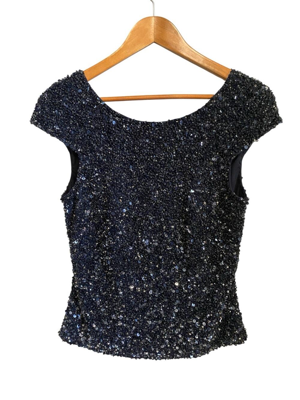 Theia Sleeveless Embellished Sequin Top Size 8 Navy Blue Formal Luxury Old Money